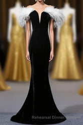 Black Velvet Mermaid Semi Formal Prom Dress with Feather, Off the Shoulder Long Evening Gown